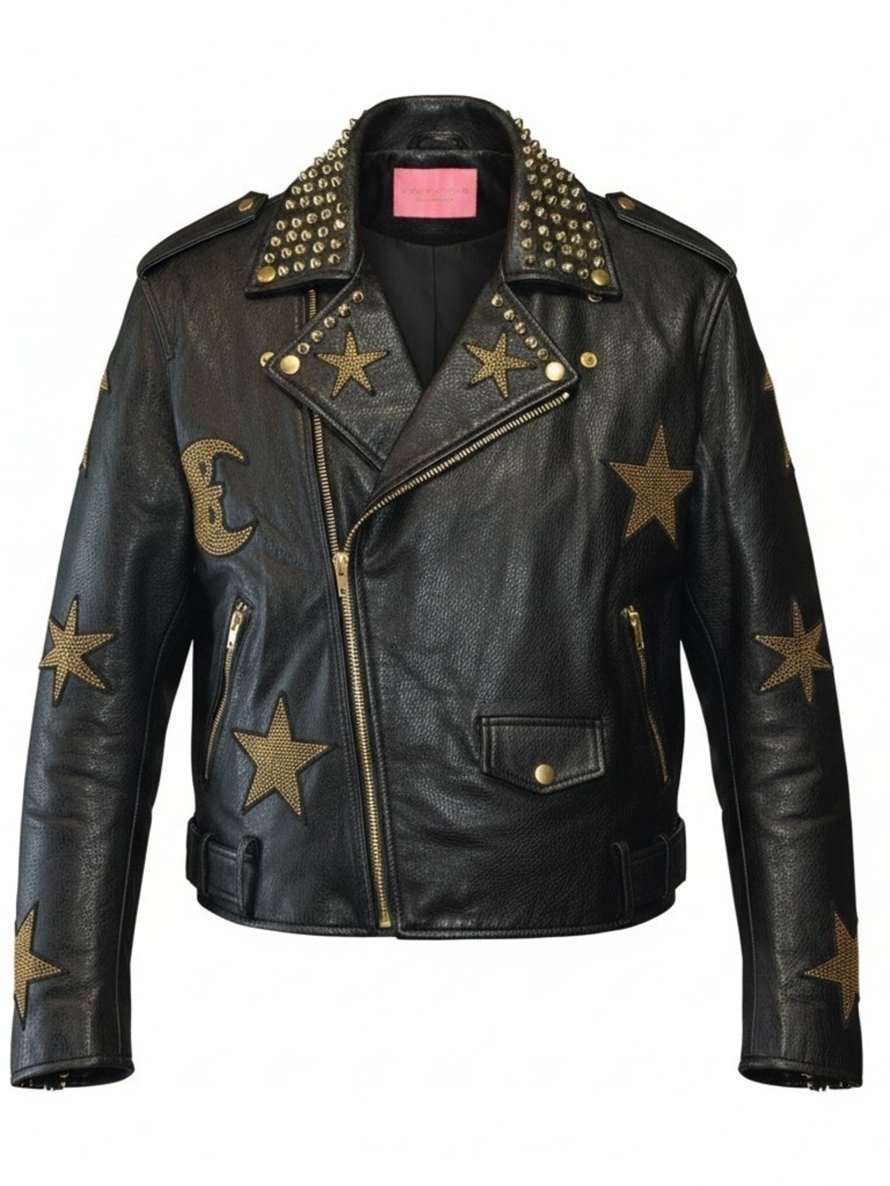 Azalba Wang Black Leather Studded Biker Jacket with Gold Stars W 1x